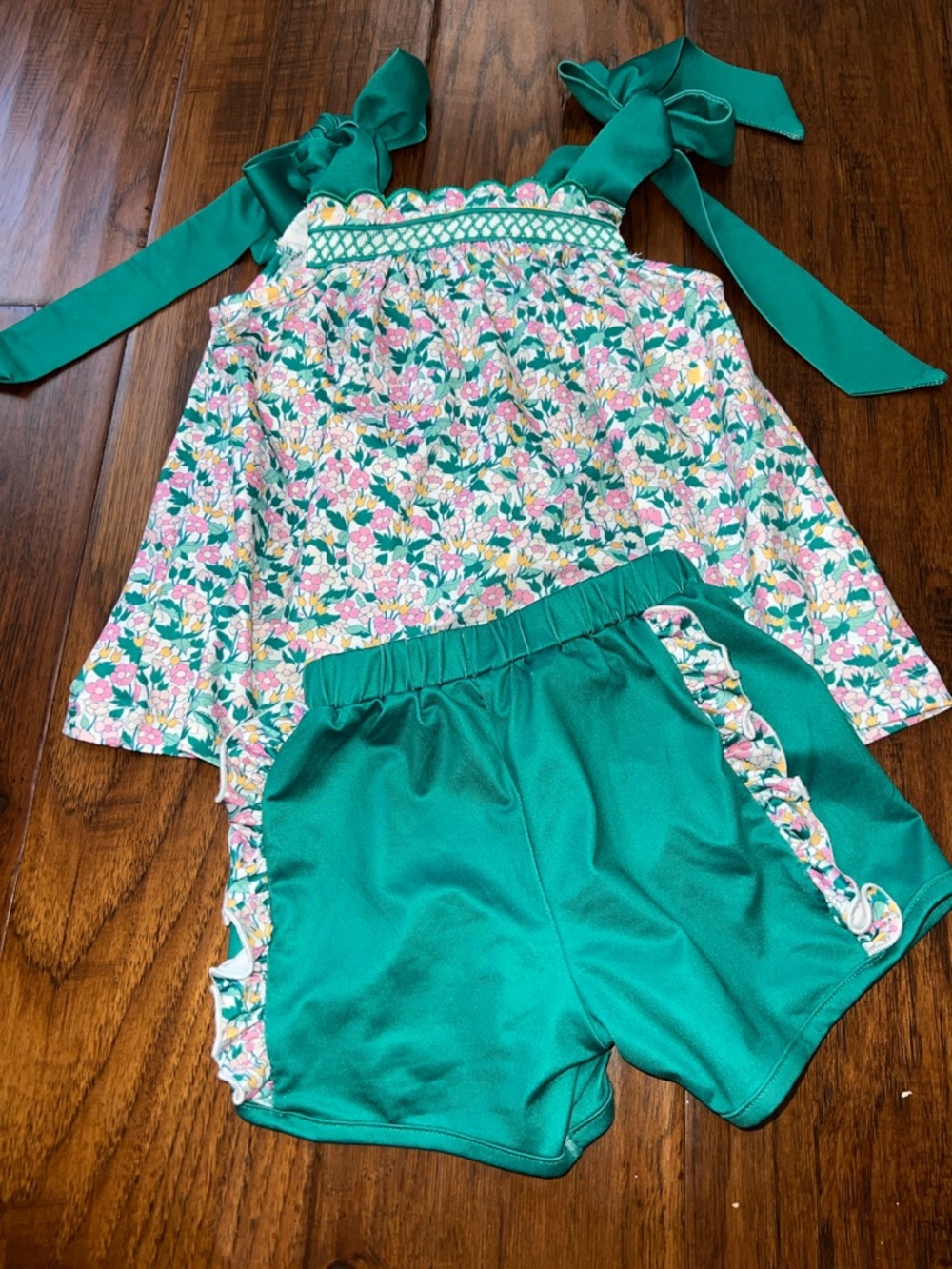 Girls' Floral Green Tie-Shoulder Set